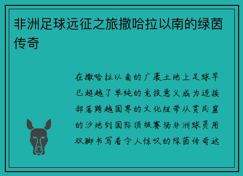 非洲足球远征之旅撒哈拉以南的绿茵传奇