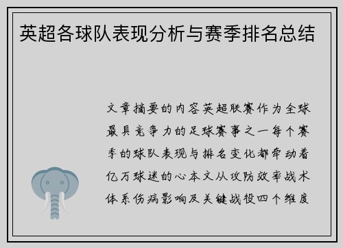 英超各球队表现分析与赛季排名总结