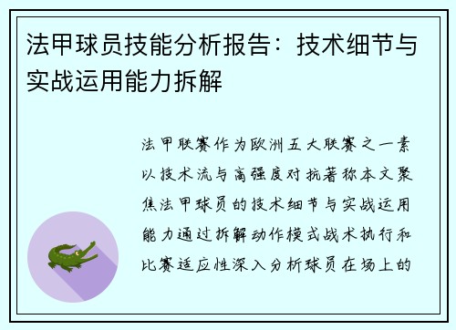 法甲球员技能分析报告：技术细节与实战运用能力拆解