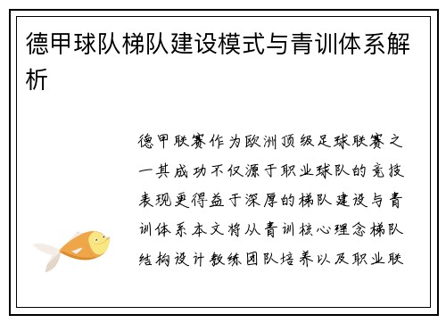 德甲球队梯队建设模式与青训体系解析